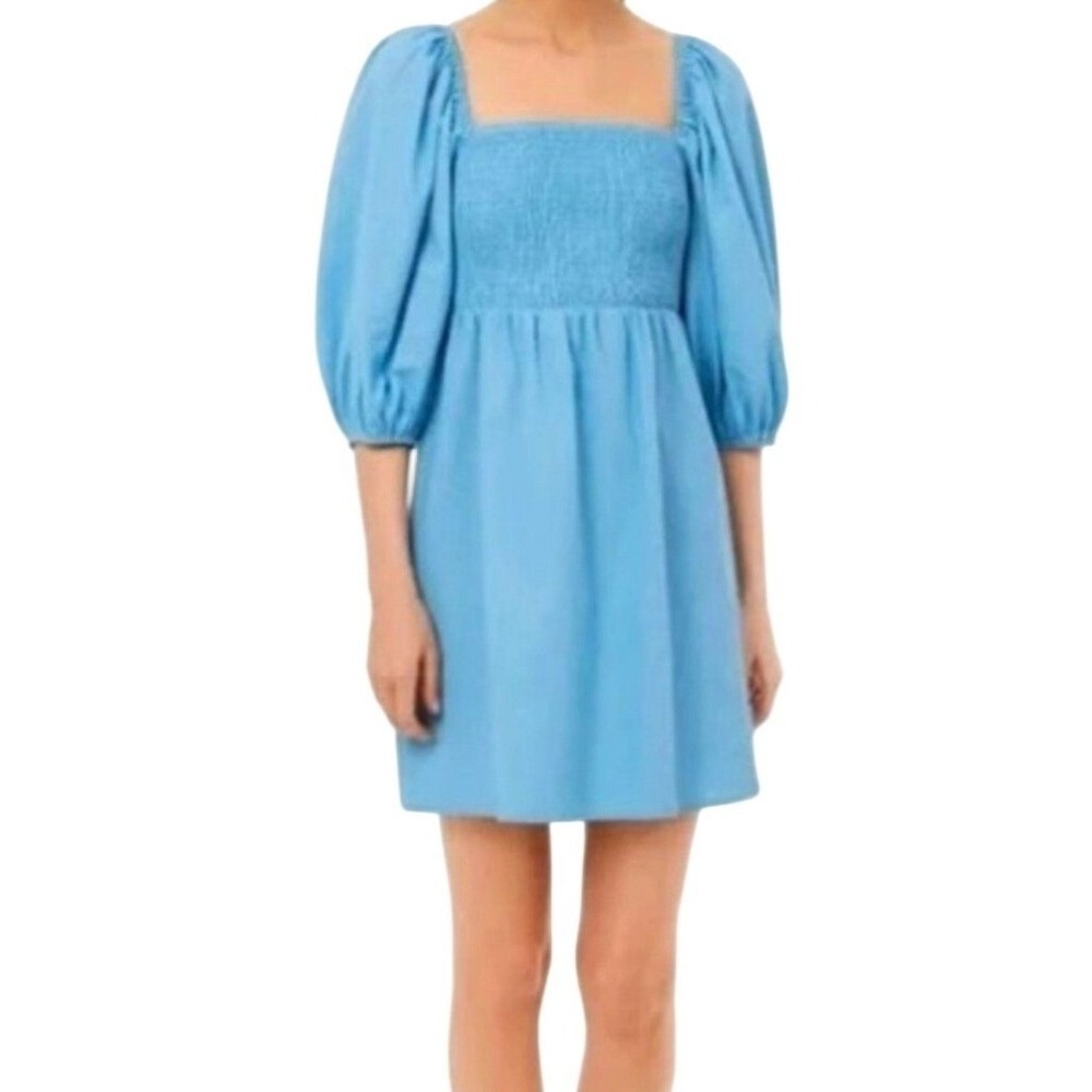 Tuckernuck Annie Smocked Puff Sleeve Linen Blend Mini Dress‎ Womens Medium Blue
